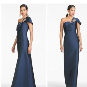 Sachin + Babi One-Shoulder Dress in Steel Blue with Gold Detail